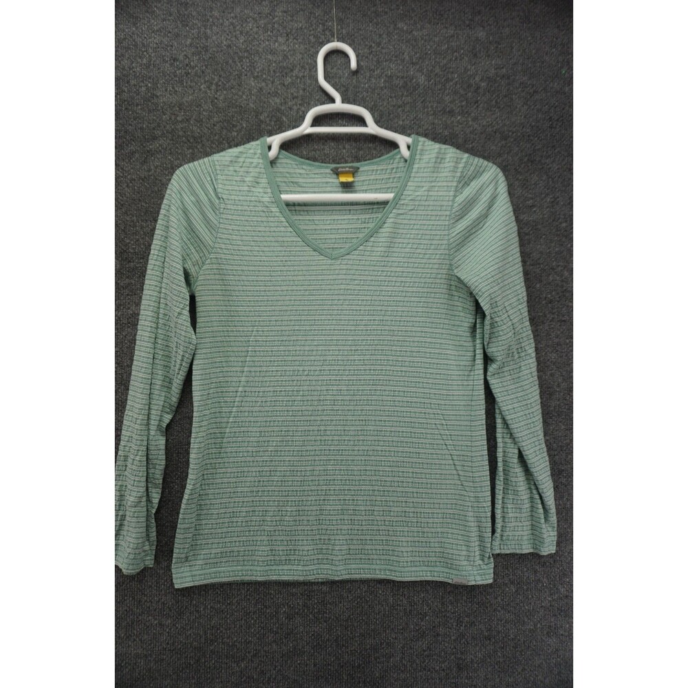 Eddie Bauer T Shirt Womens Medium Green White Striped Long Sleeve